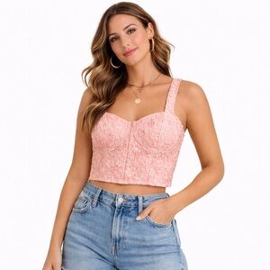 Wild Fable Peach Pink Floral Jacquard Corset Crop Top Smocked Back Large